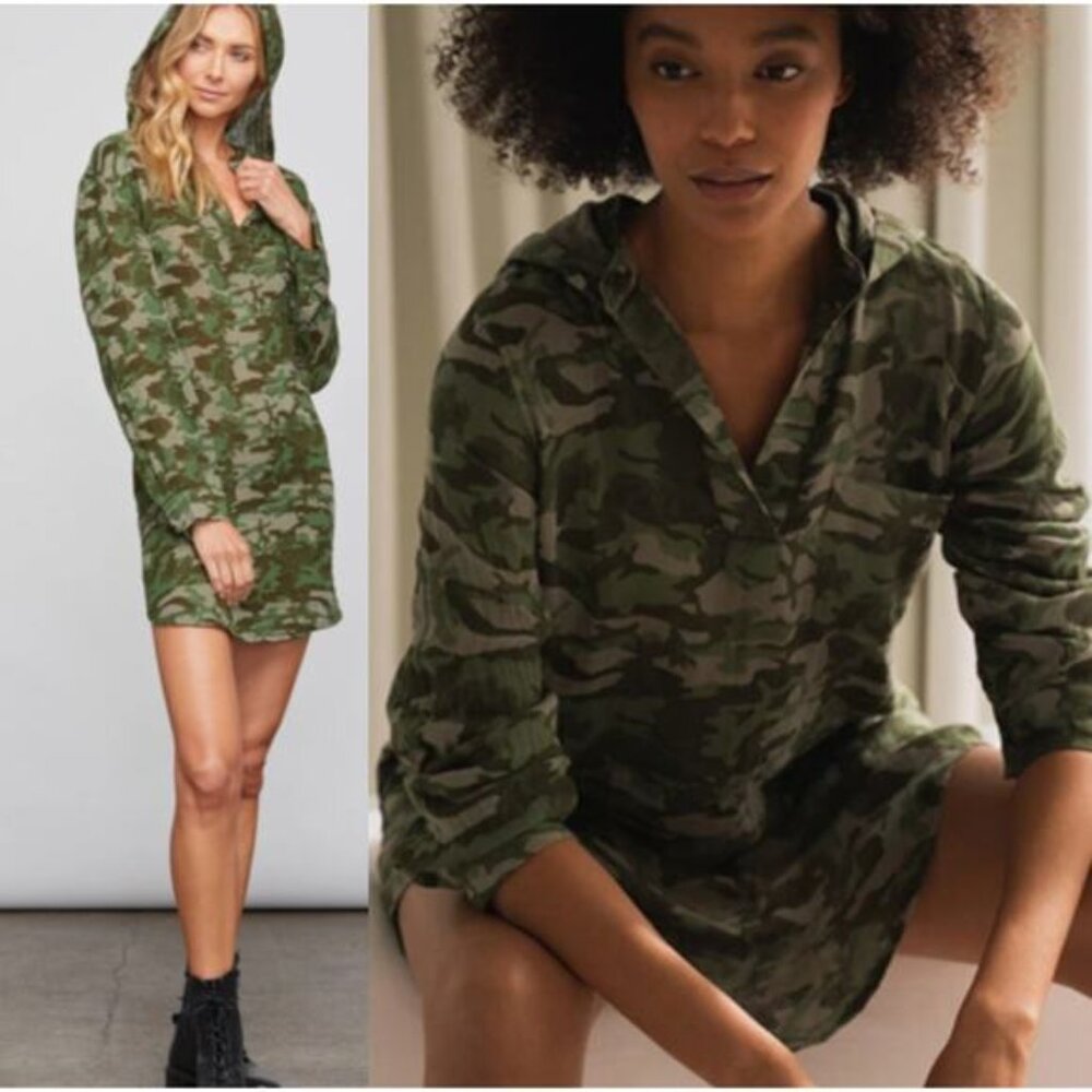 NEW Sundays Lucia Camouflage Gauze V Neck Hoodie Dress Green Size: 1